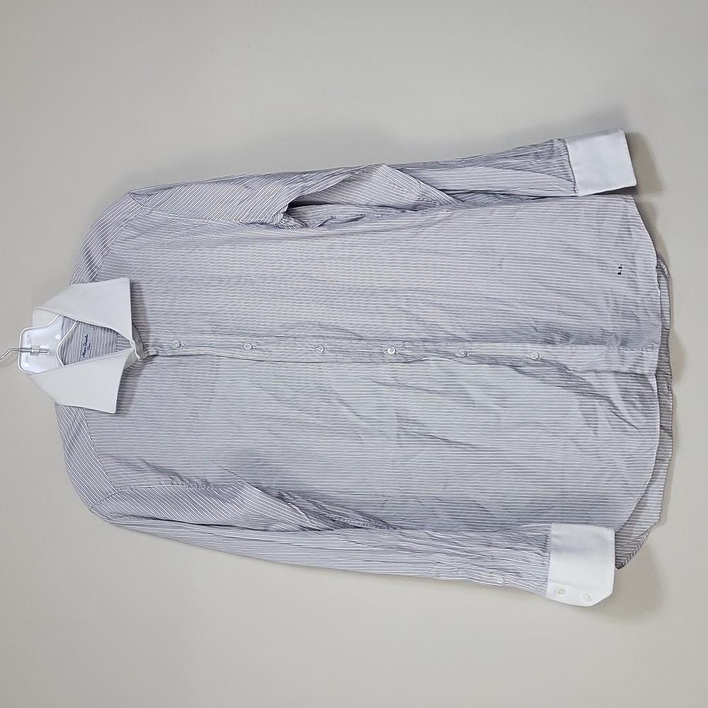 MAURO BIASELLA Italian Custom Made White Black Cotton Pinstripe Shirt